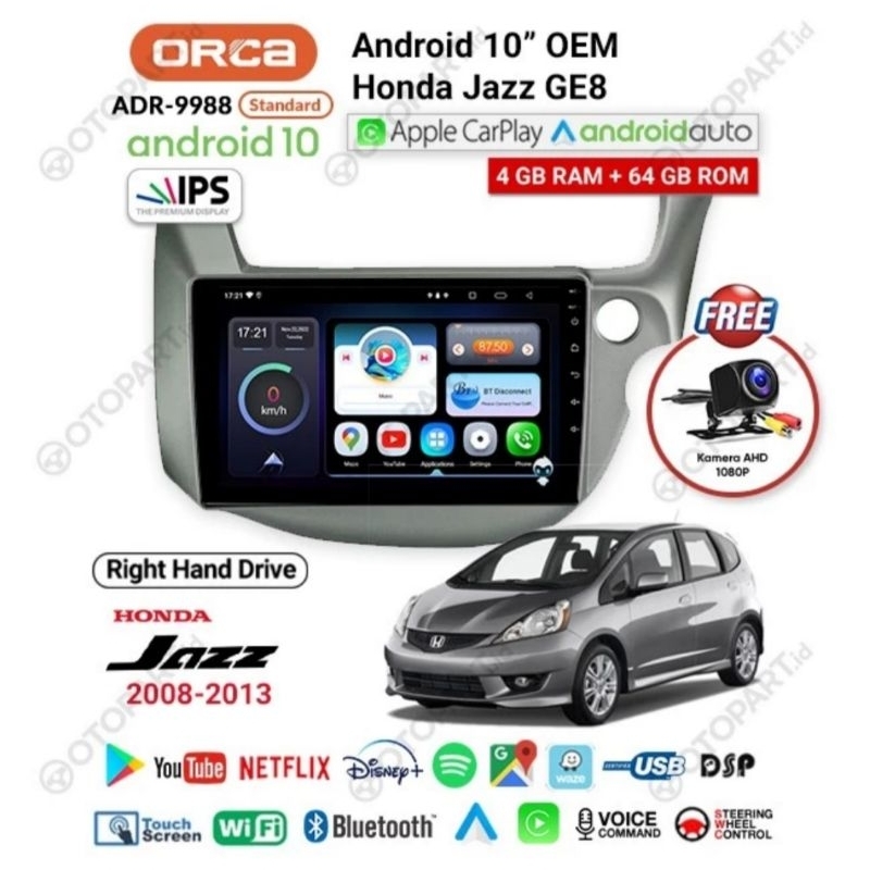 Head Unit Android Jazz 2008 - 2012 Android 10&quot; Honda Jazz 2008 ORCA ADR 9988