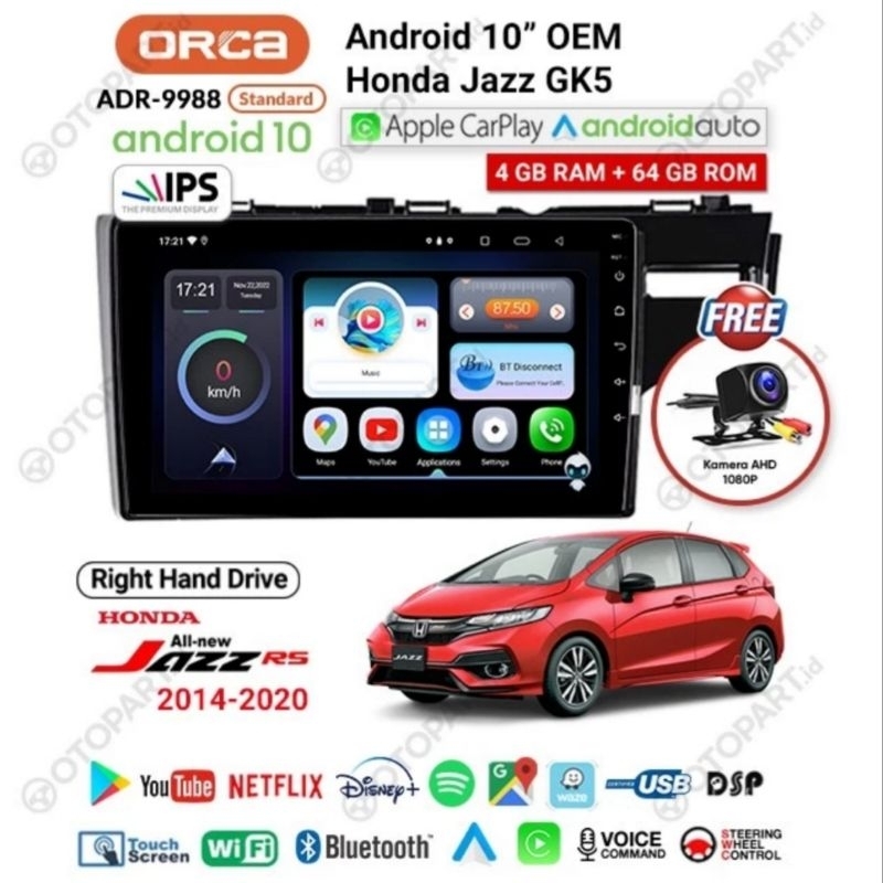 Head Unit 10&quot; Android Honda JAZZ  2013 - 2015 Android 10 inch JAZZ RS ANDROID ORCA RAM 4/64GB Android Auto Apple CarPlay