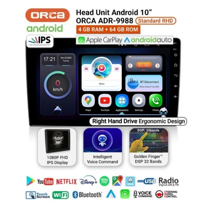 Head Unit Android XPANDER ORCA 10 inch  Ram 4GB / 64GB ANDROID AUTO dan APPLE CARPLAY ORCA ADR 9988 DSP VOICE COMAND