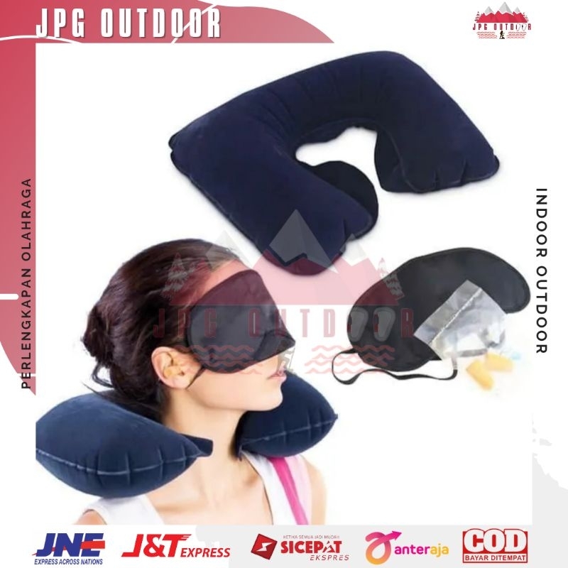 Bantal Leher Angin Tiup Travel Pillow Set Masker Mata Earplug