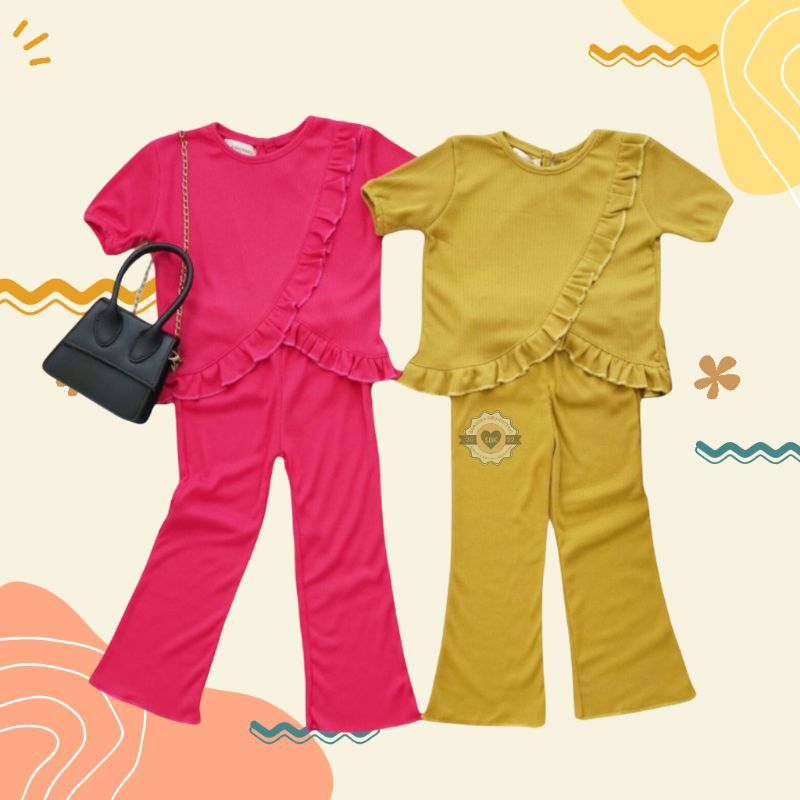 Baju Setelan Anak Perempuan MALIKA Ruffle Set Knit Tee Usia 1-5 Tahun Lucu Bahan Rib Knit