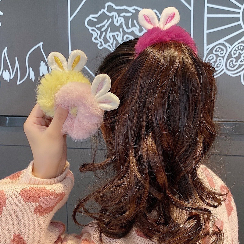 IKAT RAMBUT SCRUNCHIE BULU MOTIF BUNNY GAYA KOREA / KUNCIRAN RAMBUT SCRUNCHIE BULU MODEL KOREAN / IKAT RAMBUT CEPOL BULU