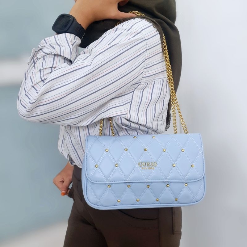 tas triana Medium size crystal blue black white pink beige studded quilted double chain long strap cirebon majalengka indramayu tegal brebes losari kuningan ready stock instan gs gb