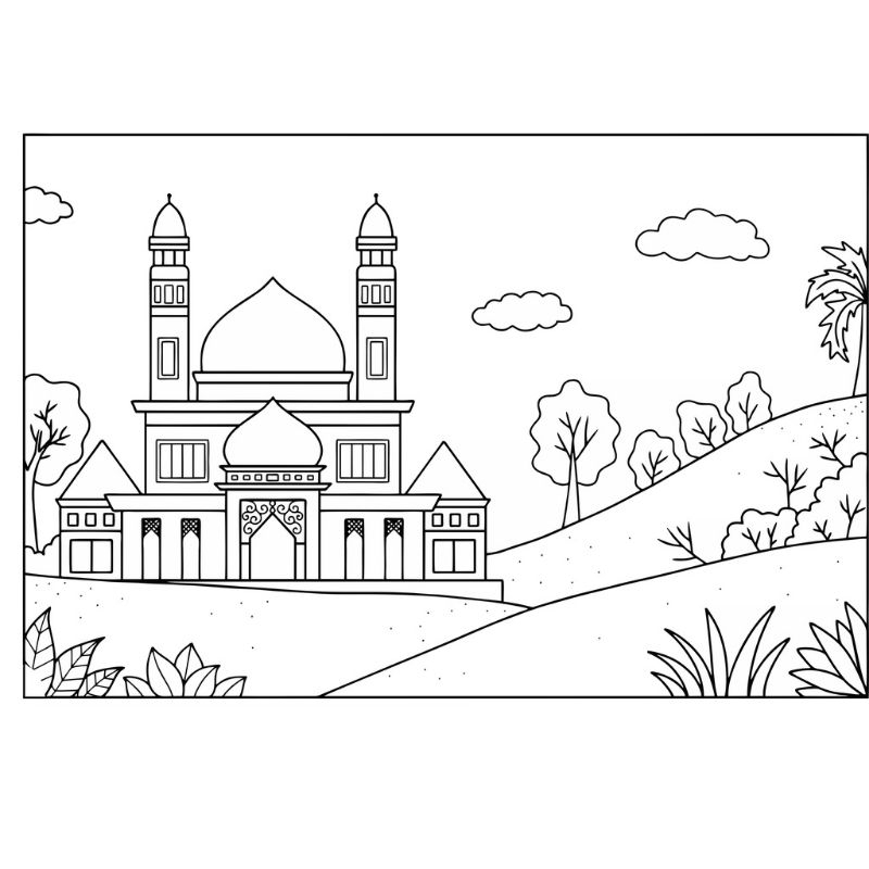 sketsa gambar mewarnai masjid