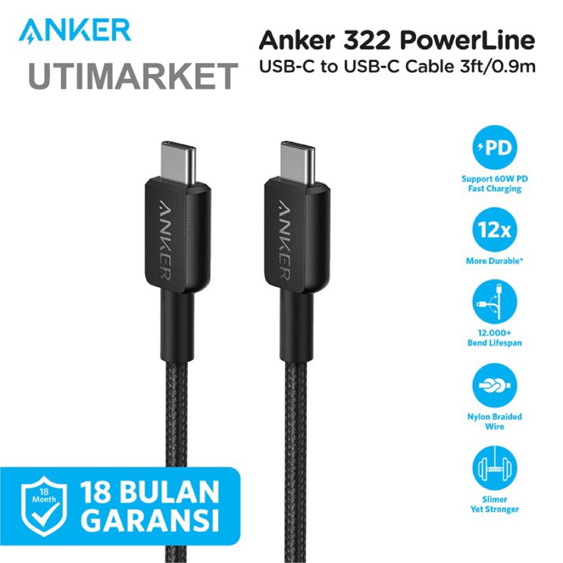 anker kabel usb c to c 3 ft original garansi resmi - anker 322