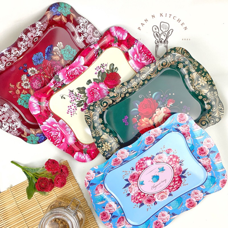 Baki/ Nampan Talam Motif Kembang (KECIL)/ Nampan Saji Seng Motif/ Baki Penyaji Kotak Souvenir Oleh-o