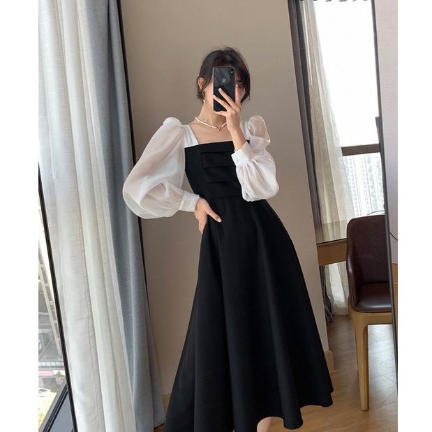 XIAOZHAINV Dress Wanita Korean Style Lengan Panjang Hitam H6673