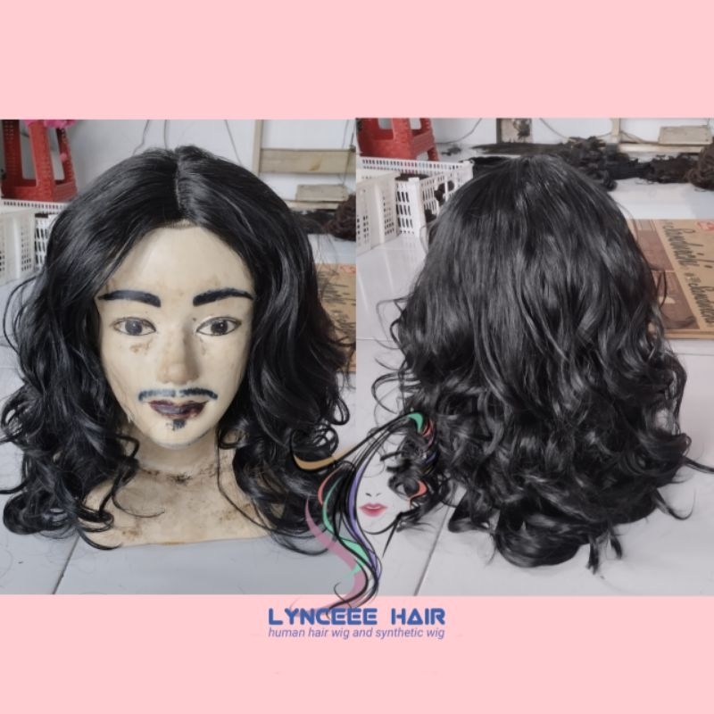 Grosir Wig Pria Panjang Keriting Natural Rambut Palsu Ekspor Gondrong Ikal Hitam Belah Tengah Murah 