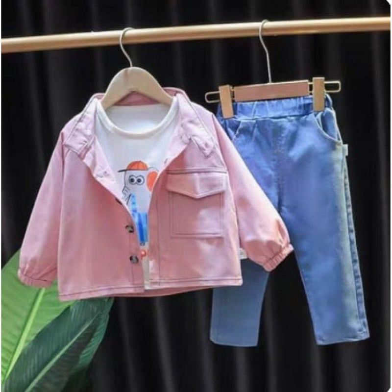 Baju Setelan 3in1 Jaket + Kaos + Celana Jeans Anak Perempuan Import Kekinian Stelan Anak Cewek