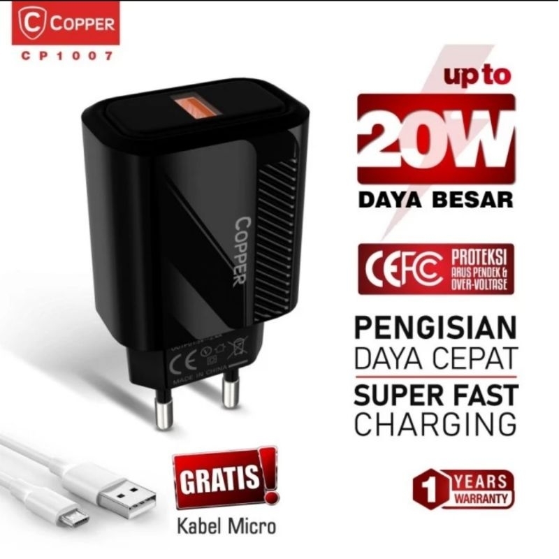 Copper Charger Single Port 18W + QC 3.0 Fast Charging Hitam