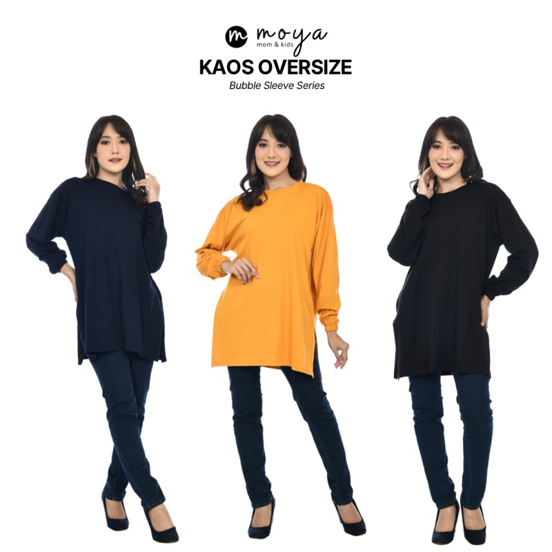 Kaos Oversize Polos T-Shirt Casual Tee Lengan Panjang Bubble Jumbo LD 130cm (Fit to XXL) Cotton Combed 24s Premium Hijab Friendly by moya mom &amp; kids