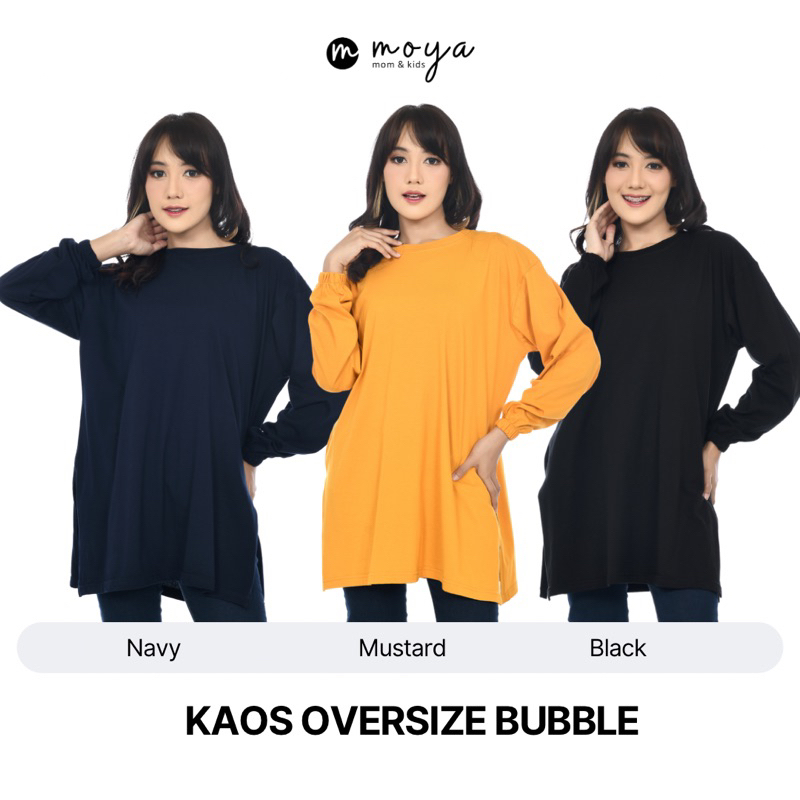 Kaos Oversize Polos T-Shirt Casual Tee Lengan Panjang Bubble Jumbo LD 130cm (Fit to XXL) Cotton Combed 24s Premium Hijab Friendly by moya mom &amp; kids