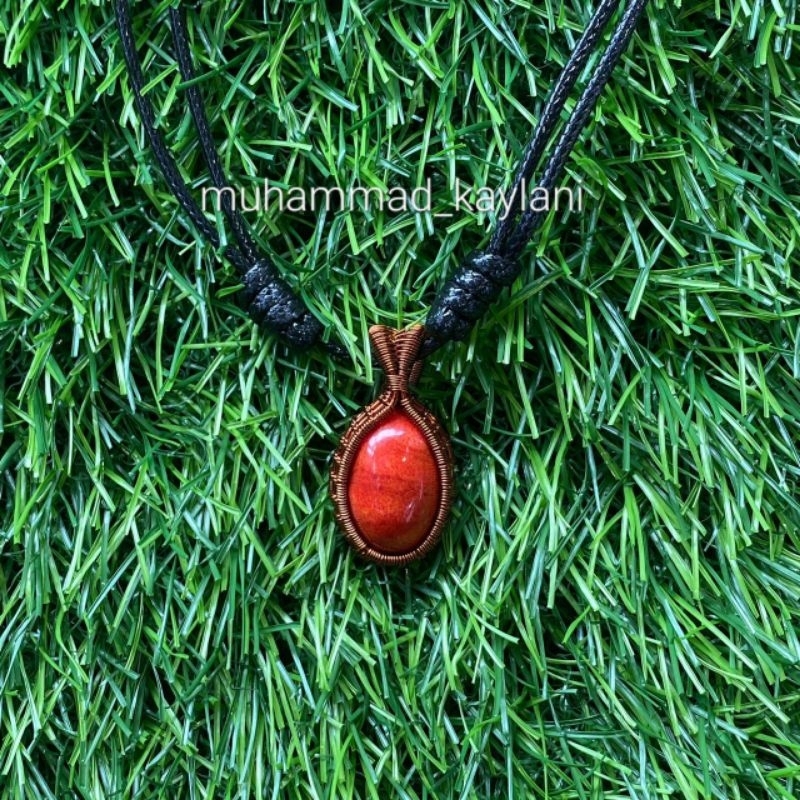 kalung liontin wire wrapping batu akik marjan red coral (N)