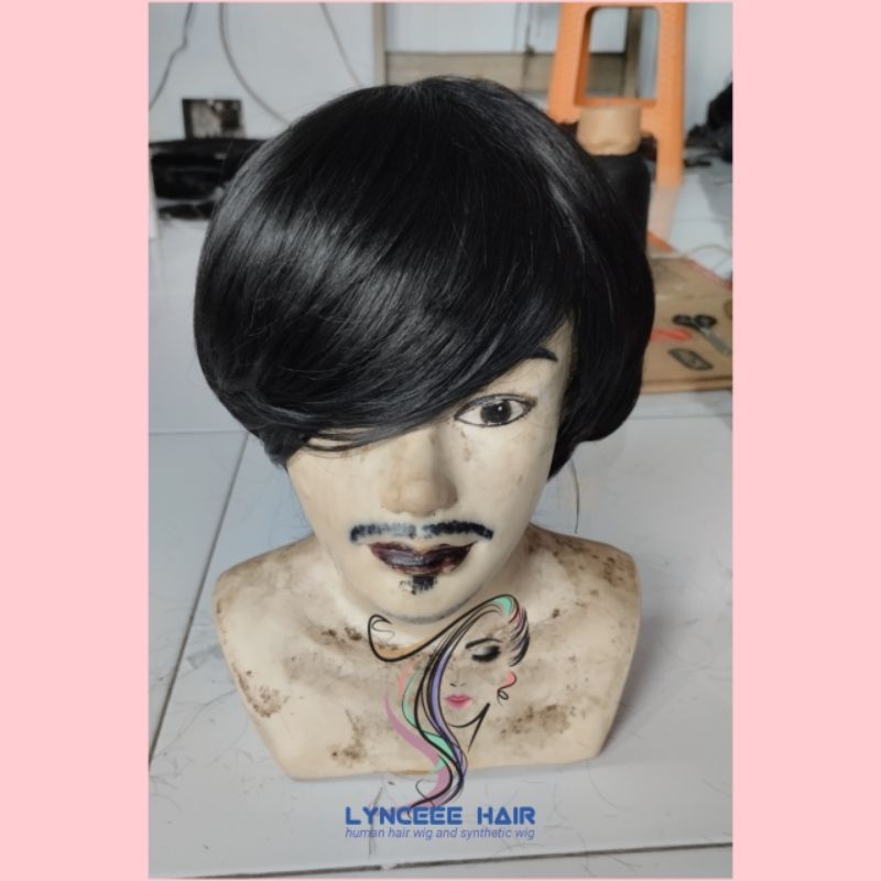 Wig Pria Pendek Lurus Belah Samping Rambut Palsu Cowok Natural cowo Warna Hitam Murah Berkualitas