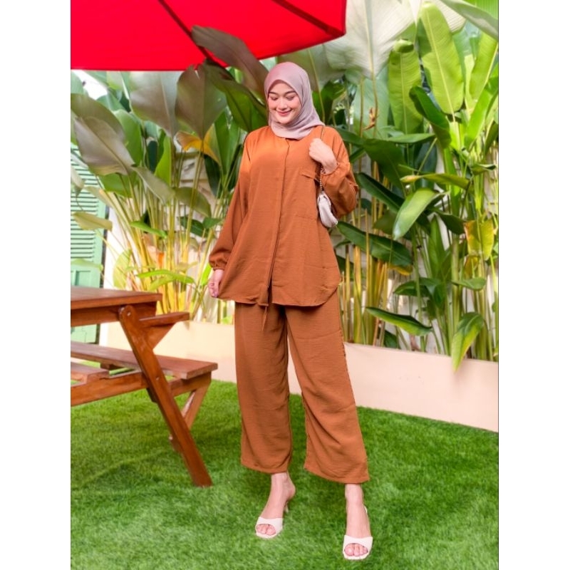 Camelia One Set Crinkle Air Flow Kekinian Setelan Wanita Terbaru One Set Polos Busui Setelan Kulot