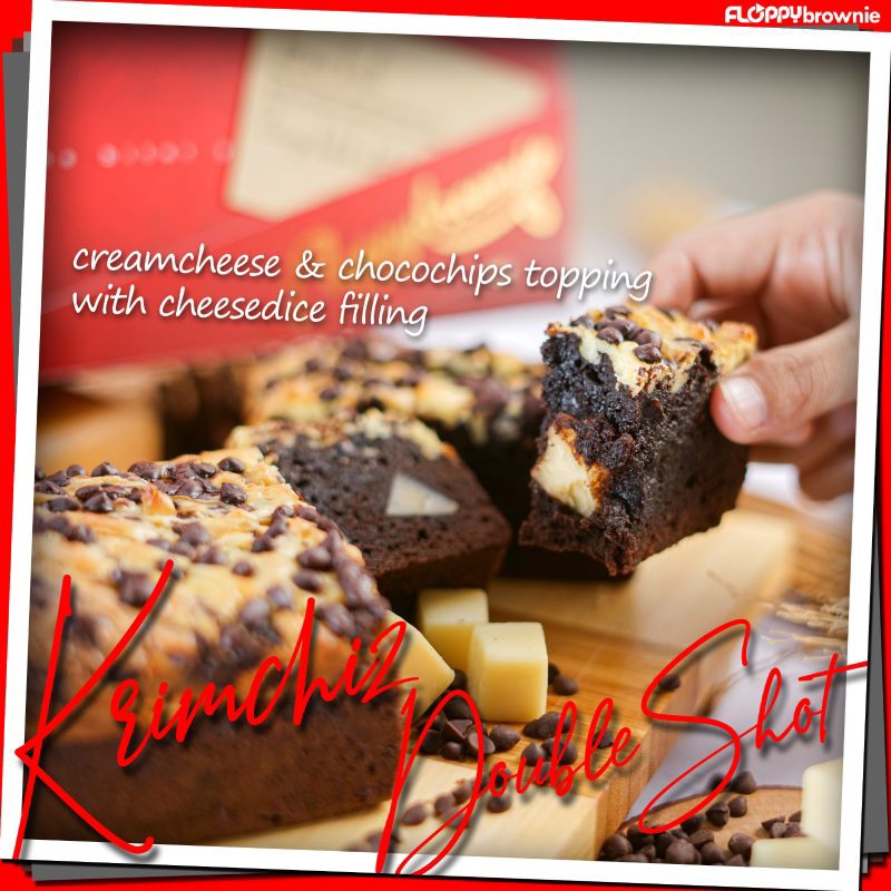 

KRIMCHIZ DOUBLE SHOT floppybrownie - Brownies Panggang dengan Topping Creamcheese+Chocochips dan Potongan Keju di dalamnya