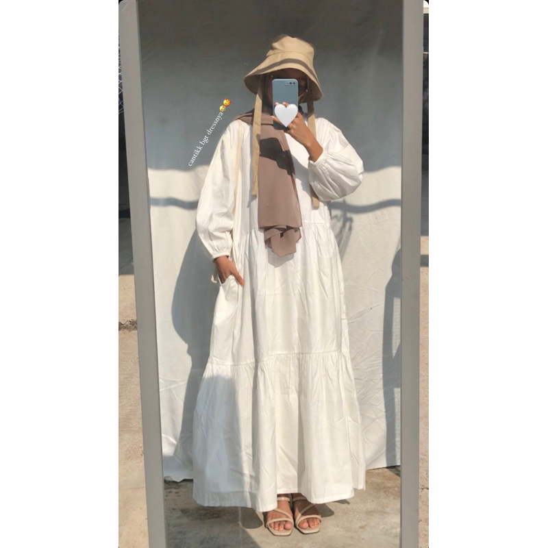 Zipper babydoll Katun Poplin Midi dress polos panjang wanita putih hitam