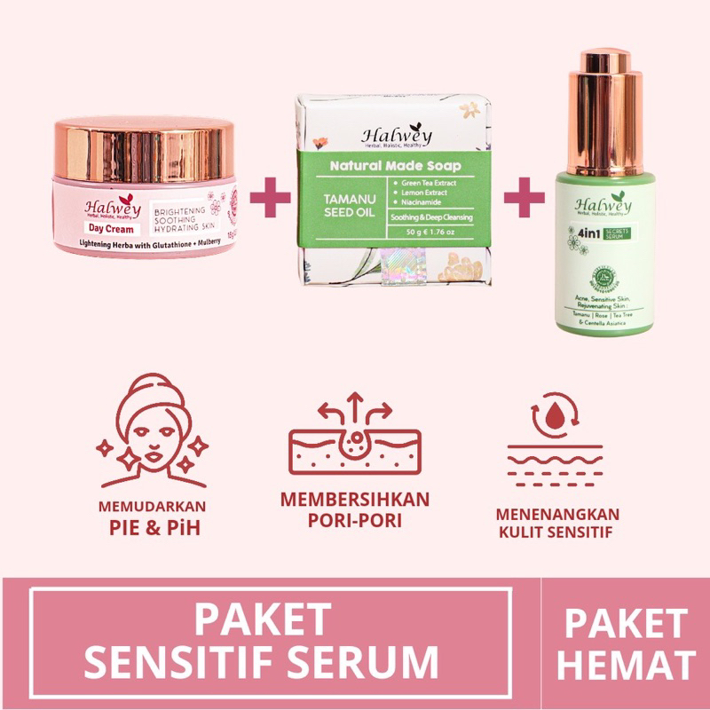 Paket hemat night krim tamanu sensitif serum 4 in 1 Halwey skincare indonesia