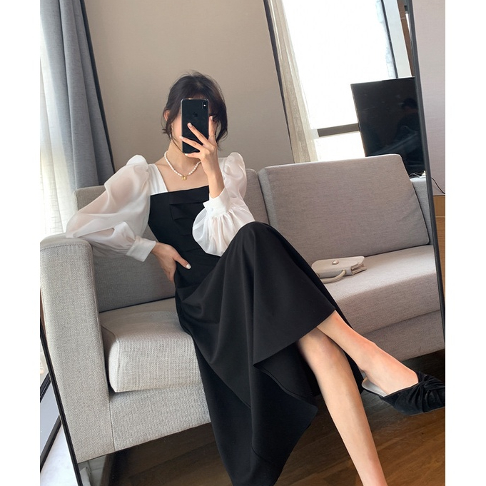 XIAOZHAINV Dress Wanita Korean Style Lengan Panjang Hitam 00650