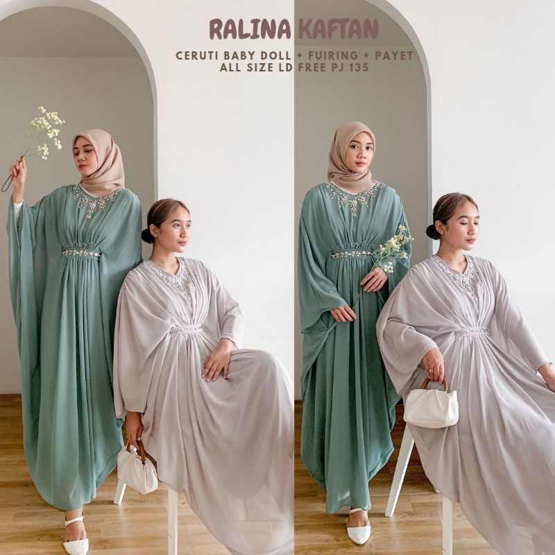 Ralina Kaftan Payet Ceruti Babydoll Jumbo/Kaftan Lebaran/Kaftan Mewah/Kaftan Sage/Kaftan Remaja Leba