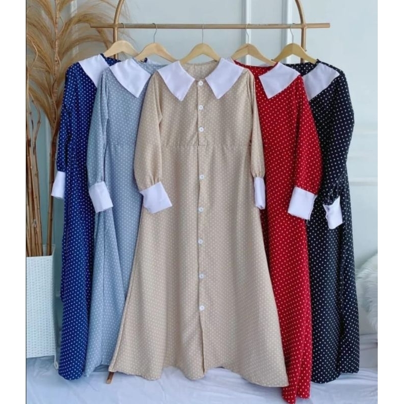 Gamis Katun Dress Polkadot Busui Friendly Kancing Dada