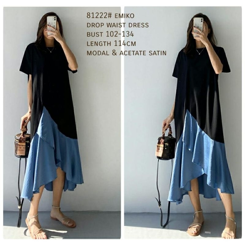 81222 Kostum baju Midi dress lengan pendek hitam polos bawah biru megar rempel santai pantai jalan p