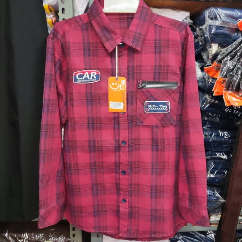 kemeja anak lengan panjang merk UIS bahan flanel marun dongker hitam usia 8-10 tahun