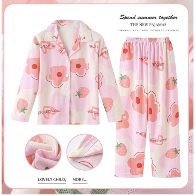 3-10thn piyama kerah anak perempuan kancing depan kemeja celana panjang import xs-0315