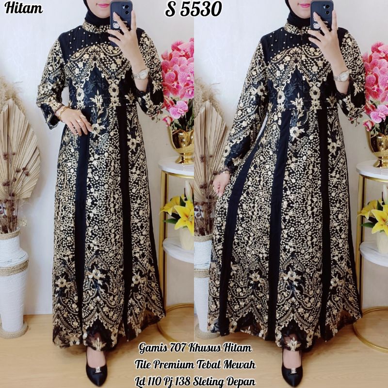 STYLE 5530. Gamis Tile Motif Bordir Hitam Jumbo Mewah Baju Lebaran Bagus