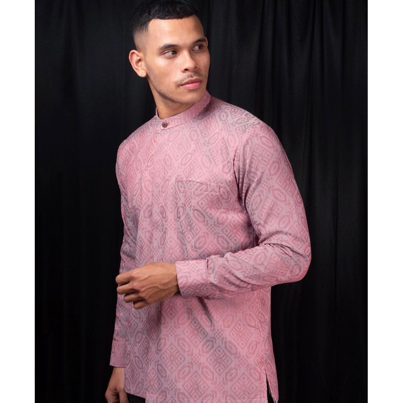 kemeja pria muslim lengan panjang batik tenun pink soft premium