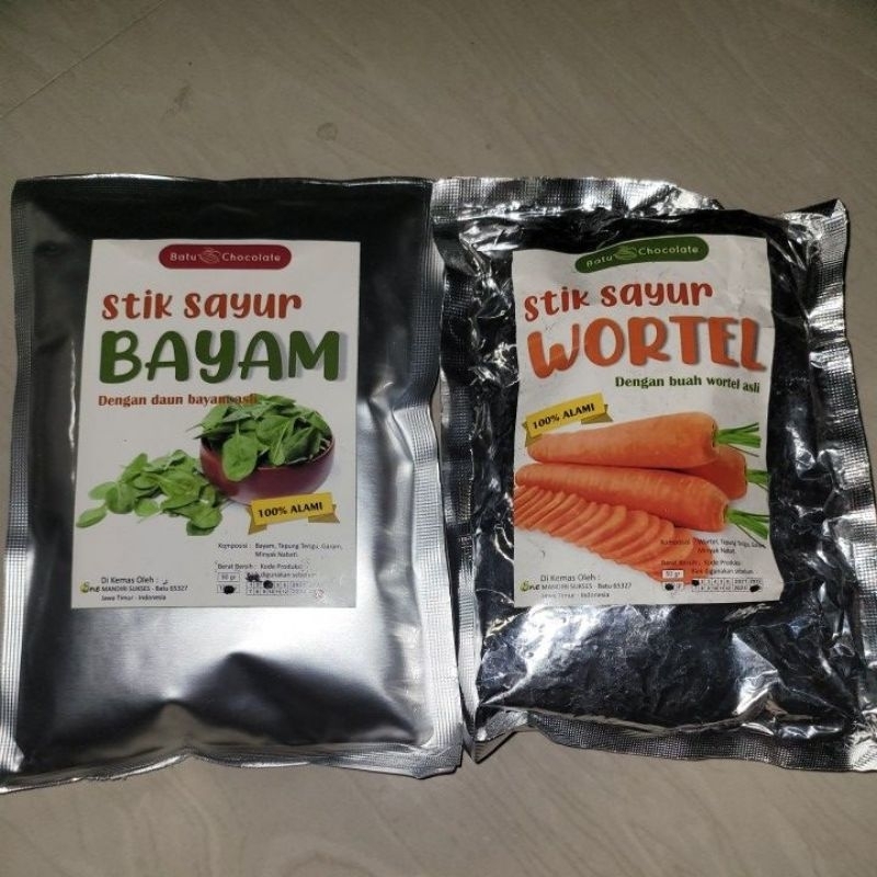 STIK BAYAM STICK WORTEL BAWANG SLEDRI UBI MADU MANIS CILEMBU SAYUR 100% ALAMI ASLI KOMPOSISI SAYURAN TEPUNG TERIGU GARAM MINYAK NABATI CAMILAN CEMILAN JAJANAN SEHAT KHAS MALANG JATIM JAWA TIMUR RENYAH GURIH GARING KRIUK KREZZ KRESS 100g KEMASAN AL FOIL