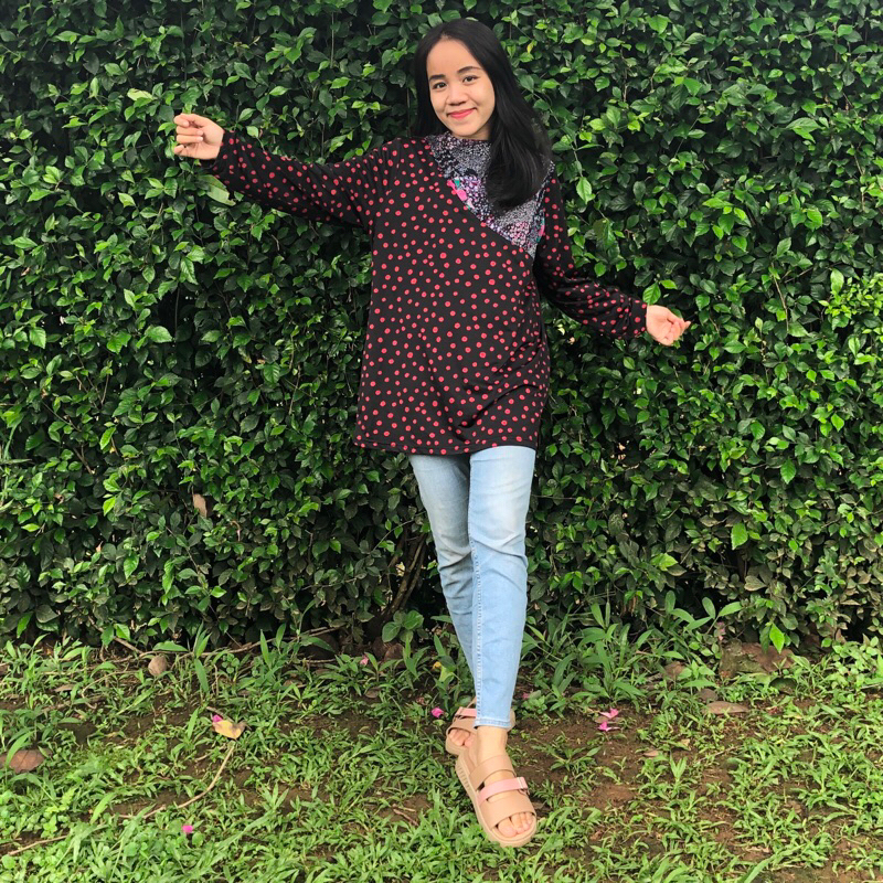 Hitam Polka Mawar - Blouse Wanita - Atasan Dual Motif