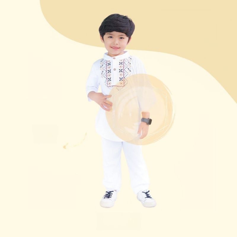 FAIZ Kids - Setelan Baju Koko KURTA Anak Koko Pria Laki Muslim Lengan Pendek Bahan Katun Combad Umur 1 2 3 4 5 Tahun Premium KURTA Warna PUTIH POLOS WHITE