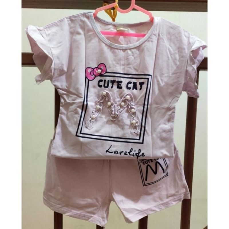 Setelan anak cute cat Baju anak Perempuan celana pendek motif kantong depan LD26 purple