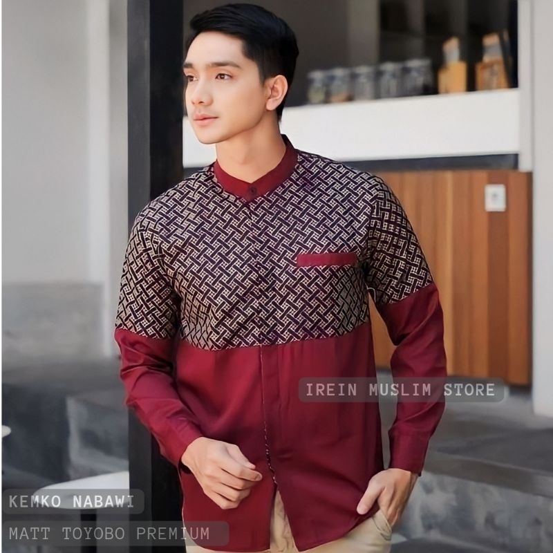 Baju Kemeja Koko Pria Lengan Panjang Kombinasi Batik Koko Nabawi