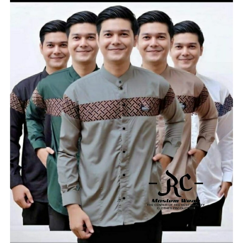 Baju koko pria lengan panjang f kobata kombinasi warna coklat putih hitam