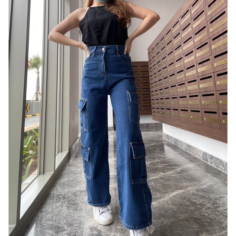 Zura Cargo Jeans | Celana Cargo Jeans | jeans wanita viral Kantong Banyak | In Trending