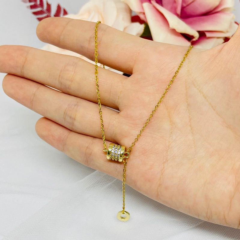 Kalung titanium juntai permata elegan gold wanita