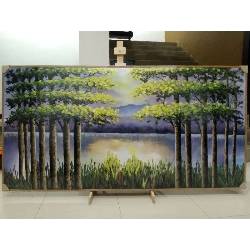 lukisan danau di dalam hutan. lukisan pemandangan