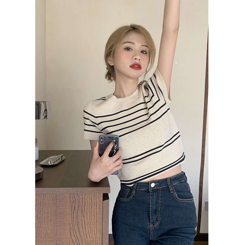 EUNII Korean Style Kaos Rajut Lengan Pendek Retro Knit Crop Top Garis-garis Wanita Atasan Wanita