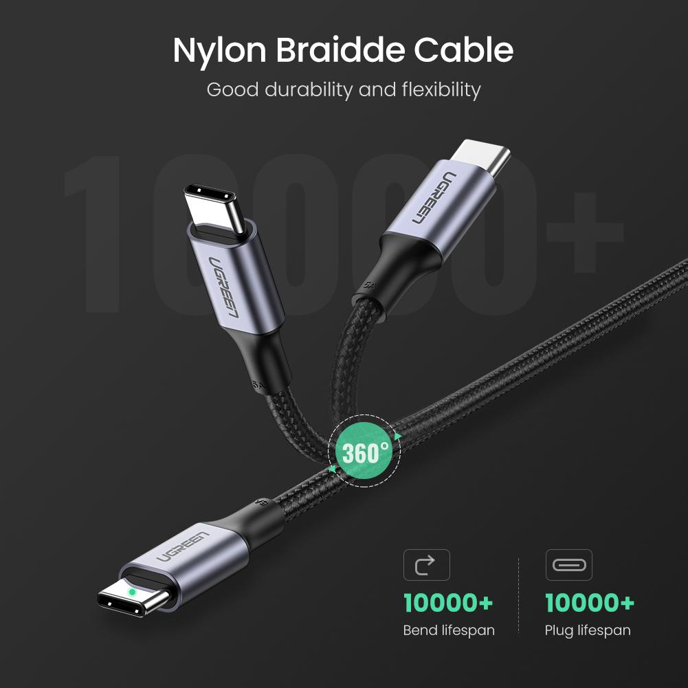 UGREEN ORIGINAL Kabel Data NYLON TYPE C TO TYPE C 100W 5A Super Fast Charging Quick Charge Qualcomm 100 Watt Tipe Ori