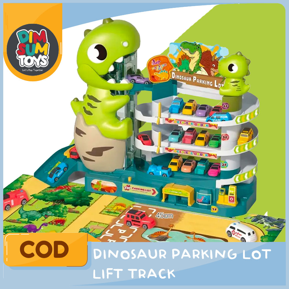 Mainan Track Dinosaur Parking Lot Lift Elevator Dino Mobil Diecast Trek