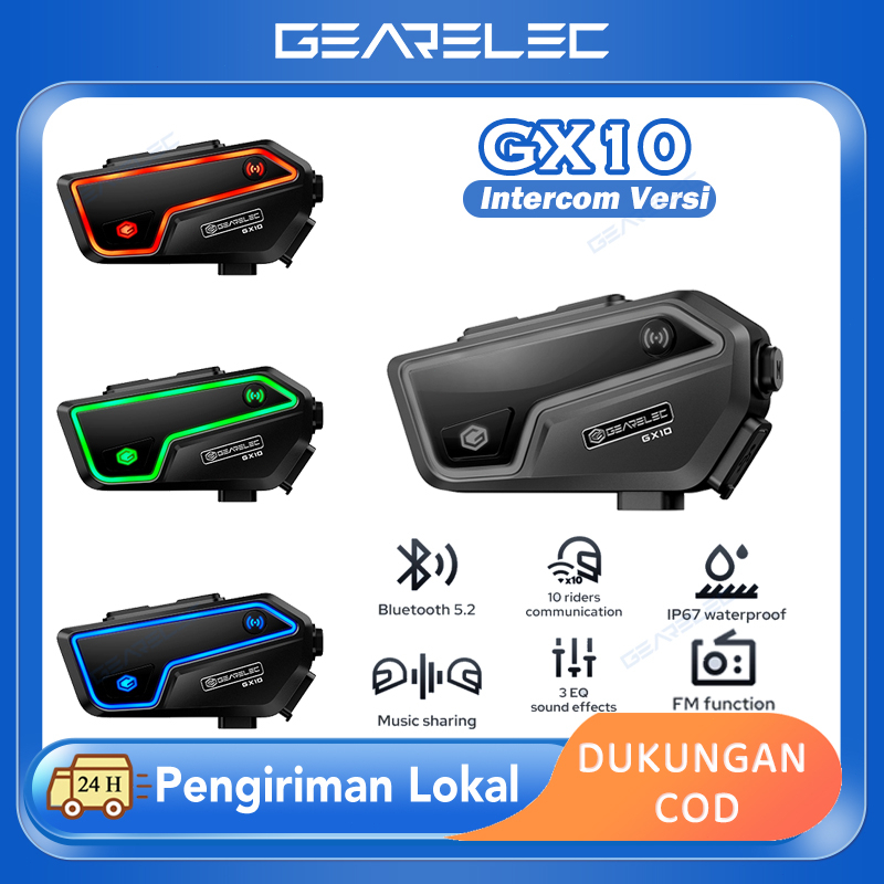 GEARELEC GX10 Bluetooth 5.2 Helm Sepeda Motor Sistem Interkom 10 Pengendara IP67 Tahan Air Nirkabel BT Interphone Headset dengan FM Radio Berbagi Musik