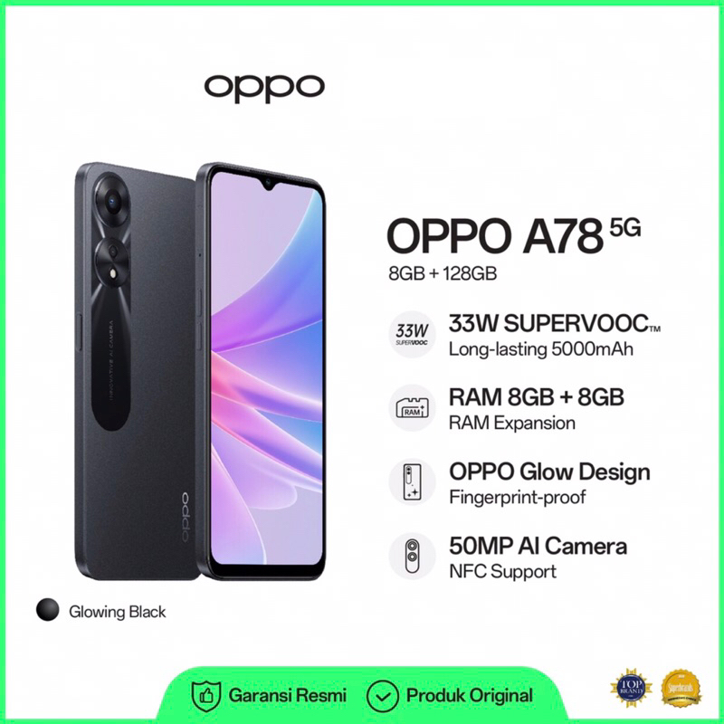 Oppo A78 5G | 8GB+128GB | Dimensity 700 | 50MP Dual Camera | NFC | IP54 | Li-Po 5000mAh | Garansi Resmi Oppo 1 Tahun