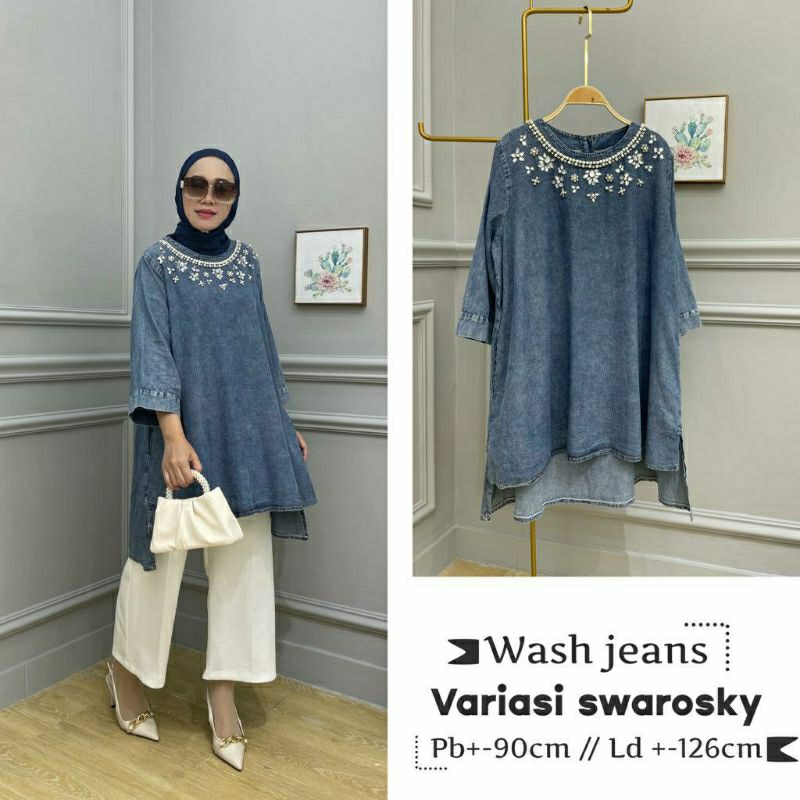 Swarosky Jeans Tunik, TUNIK JEANS JUMBO CANTIK MODIS FIT XXXL LD 126 BAHAN JEANS WASH IMPORT MIX DIAMOND BELAKANG KANCING TERMURAH OOTD KEKINIAN TERLARIS