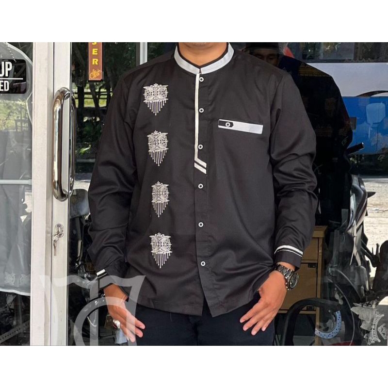 Baju koko pria muslim bordir motif khas Aceh lengan panjang