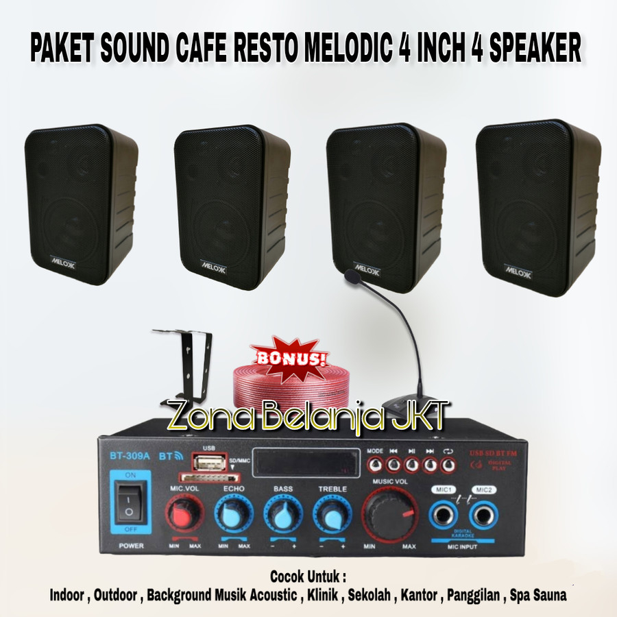 PAKET SOUND SYSTEM AUDIO CAFE RESTO MELODIC 4 INCH 4 SPEAKER ( SET 2 )