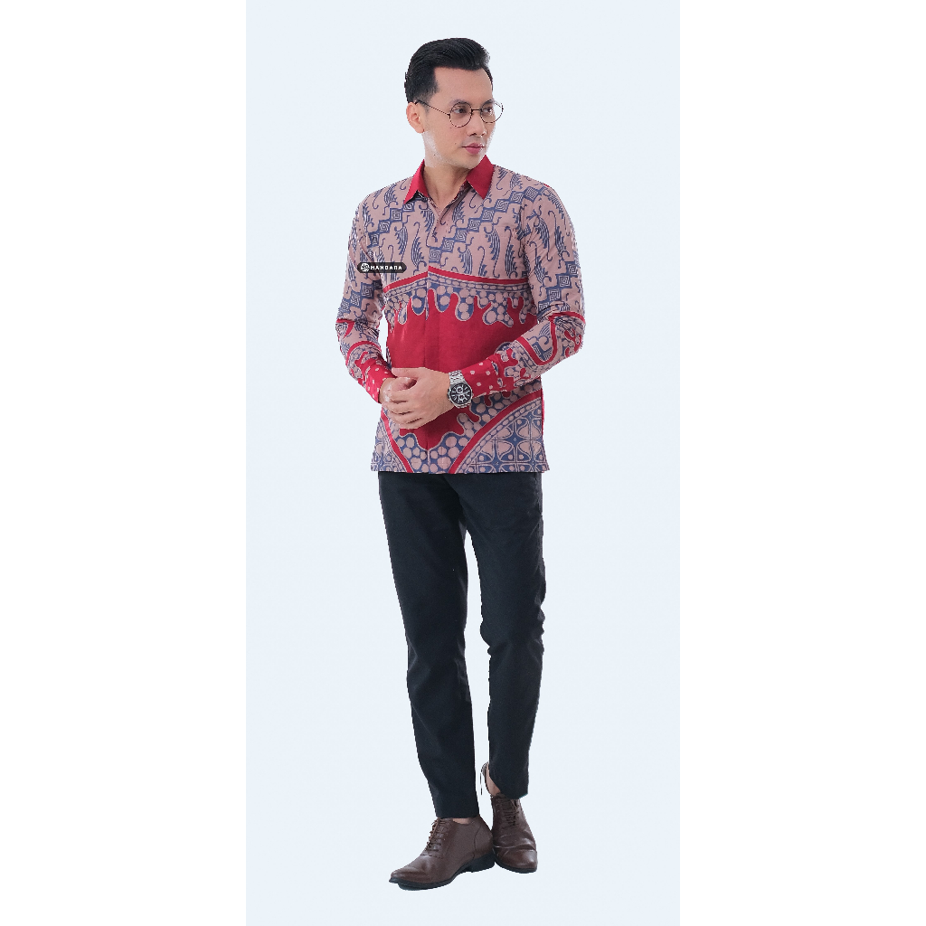 Baju Kemeja Batik Pria Lengan Panjang Slim Fit Premium Modern Full Furing Katun Halus Original Handara Motif Stella Merah Krem HB-286