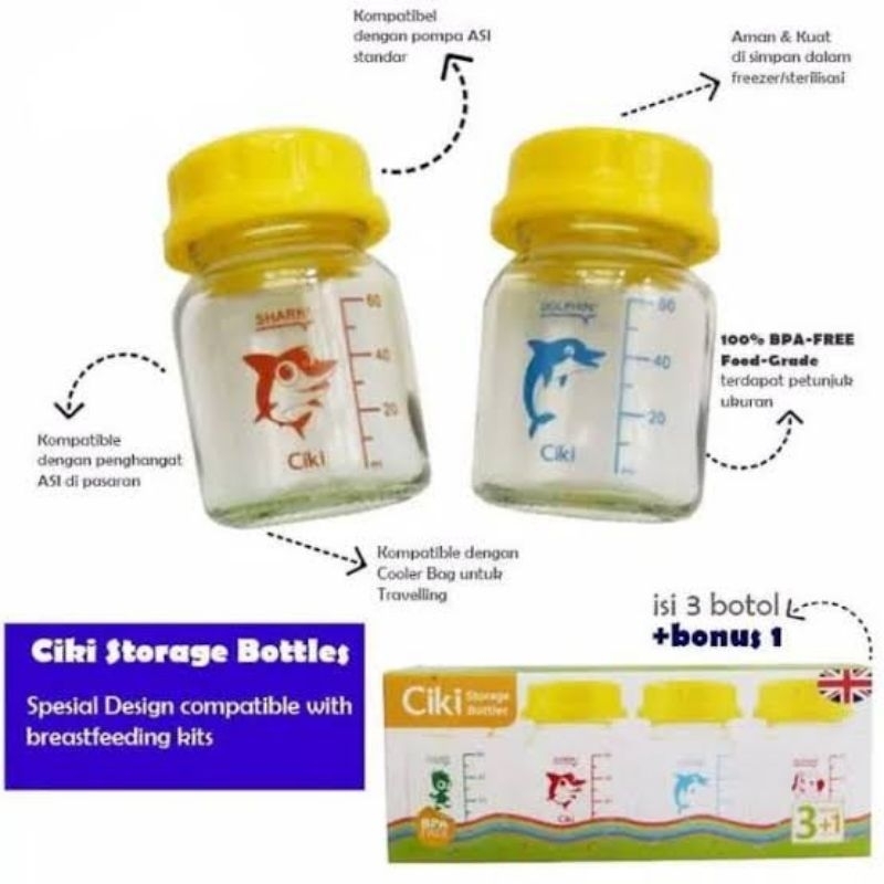 Ciki Botol Kaca Asi  60ml 100ml 120ml - Ciki Storage Bottle BPA Free Baby - Tempat Wadah Asi Bayi Kaca tutup Kuning