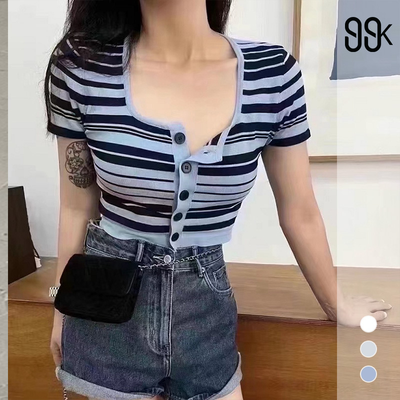 Korean Stripe Button Cropped Short Sleeve T-Shirt Atasan Wanita Motif Garis - Garis 2062